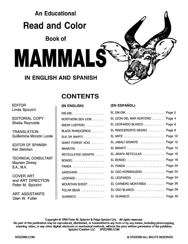 MAMMALS English/Spanish: Digital Download of An Educational Coloring Book