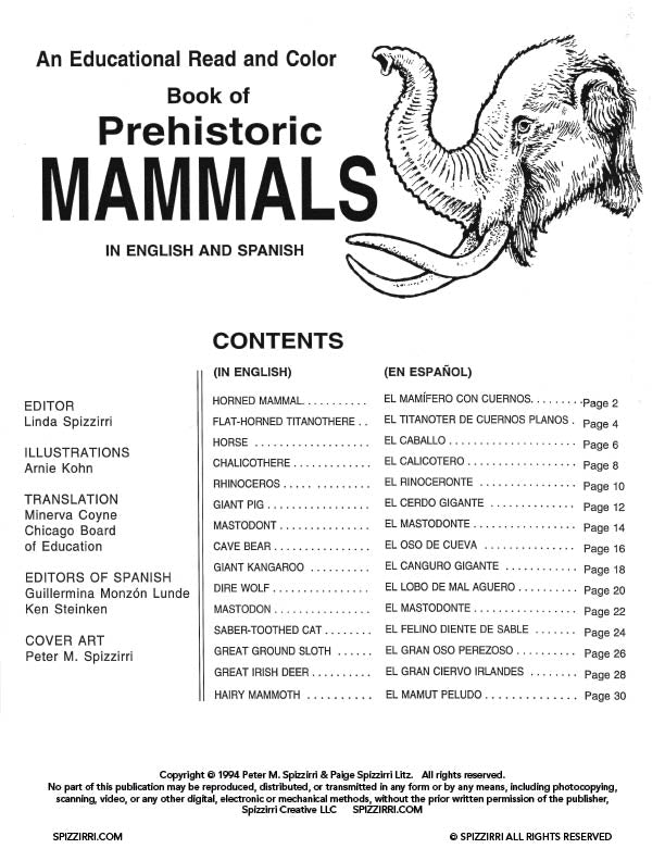 PREHISTORIC MAMMALS ENGLISH/SPANISH: Digital Download of An Educational Coloring Book