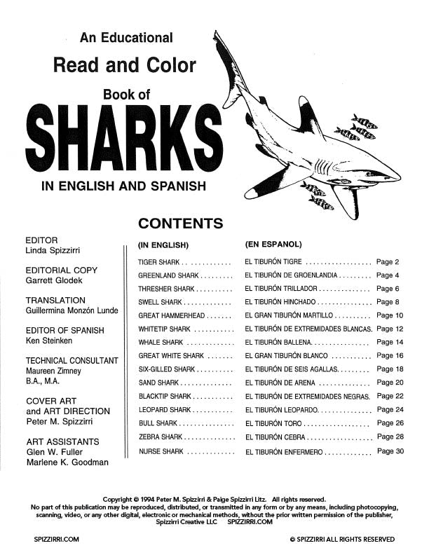 SHARKS ENGLISH/SPANISH: Digital Download of An Educational Coloring Book