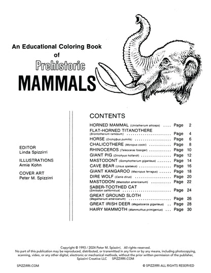 PREHISTORIC MAMMALS: Digital Download of an Educational Coloring Book